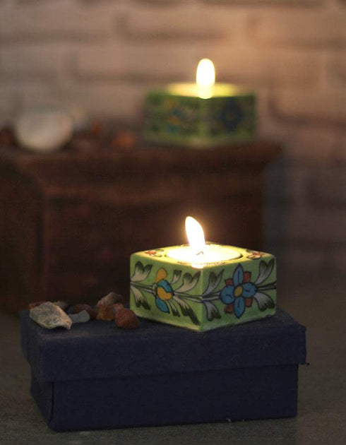 Blue Pottery Candle Holder Set - Lime Green Base